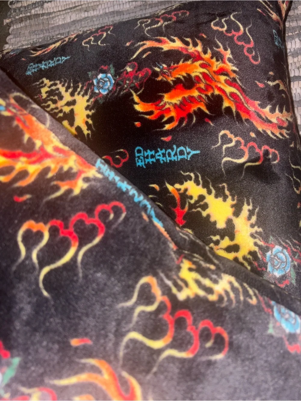 2 Printed Plush Decorative Pillow - Black with Red & Yellow phoenix Flame